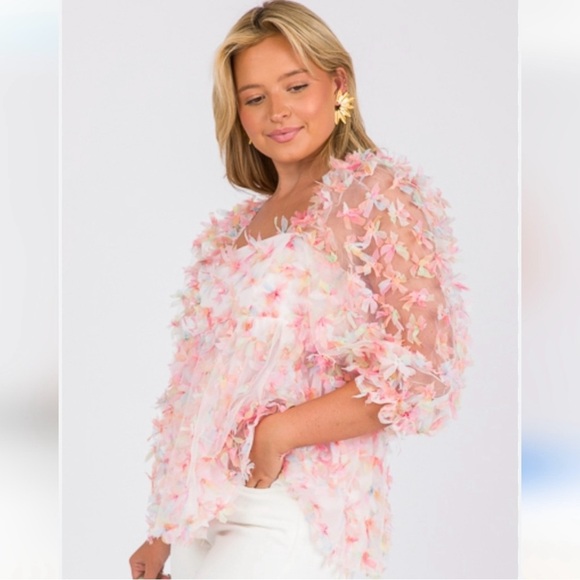 Storia 3D Butterfly Kiss Baby Doll Mesh Sheer Top Pink Rainbow Women's Size M - Picture 3 of 12